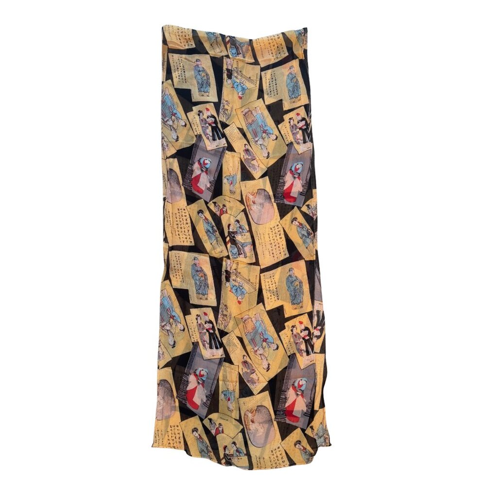 Scarf Figurative Calligraphy Print Sheer Oblong Lightweight Tan Black Wrap - Picture 2 of 4